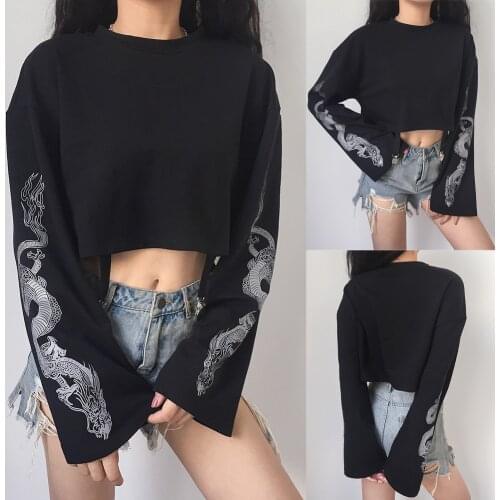 Brand New Spring Autumn Women Long Sleeve T-Shirts Diablo Series Dragon Print Warm Crop Top Pullover Loose Sweatshirt Fashion