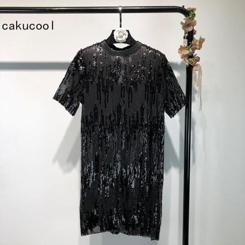 Cakucool Full Sequins Dress Short Sleeve Round Neck Bow Ties Straight Mini Dress Black Luxury Slim Vintage Vestido Dresses