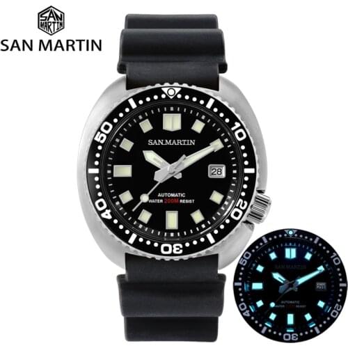 San Martin Diver Watch Self Winding Mens Watch 6309 Turtle Waterproof Automatic Mechanical Sapphire Rubber Strap BGW9 Luminous