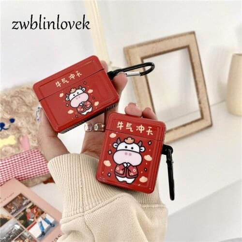 Cute for airpods 1 2 pro case new year red cow box soft wireless bluetooth headset protect cover with hook keyring