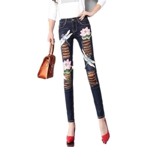 Spring Autumn Skinny Womens Jeans Embroidery Lotus Sequined Dragonfly hole slim denim pencil pants female