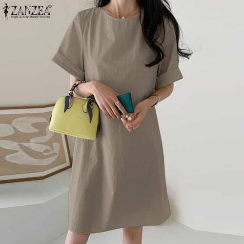 Elegant Solid Knee Length Dress Womens Summer Sundress ZANZEA Casual Short Sleeve Holiday Vestidos Female O Neck Robe Oversize