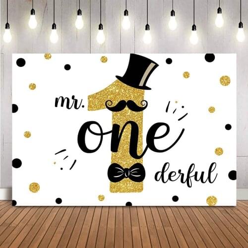 Mr.Onederful Backdrop Black and Gold 1st Birthday Background for Photo studio Newborn Kids Little Man Photoshoot Props Banner