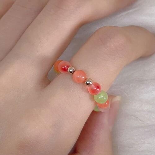 Natural Stones Rings for Teen Girls Summer Green Orange Beads Decoration Jewelry Womens Handmade Aesthetic Accessories Gift