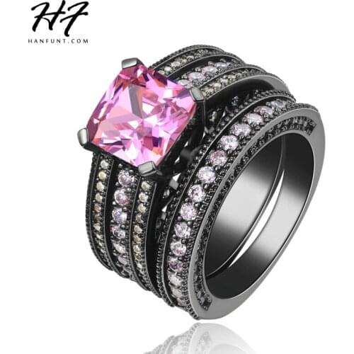 Black Gold Color Pink Square crystal Luxury Bijoux Fashion Cocktail Party Ring Set CZ Crystal Jewelry For Women R601