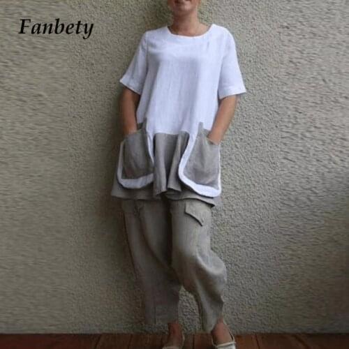 Cotton Linen Patchwork Print 2 Piece Sets Women Casual O Neck Pullover Tops & Long Pants Suits Lady Short Sleeve Pockets Outfit