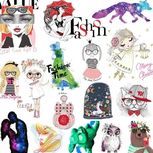 DIY Beauty Stickers Fashion Cartoon City Girl Iron On Transfers For Clothing Heat Transfer Vinyl Patch Animal Sticker Applique