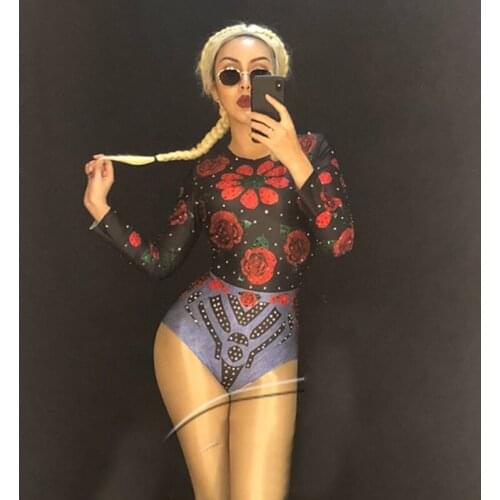 Colorful Rhinestones Rose Flower Women Sexy Nightclub Outfit Costumes BodySuit Dancing Singer Skinny Leggings Rompers DWY1360