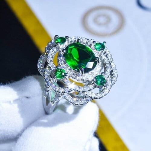 Fashion High Quality 925 Silver Emerald Open Ring Engagement Wedding Gift Jewelry Ring Wholesale