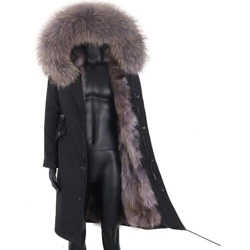 2021 New Men Real Fur Coat Natural Real Raccoon Collar Hood Natural Fur Liner Long Male Parka Winter Jacket Streetwear Outerwear