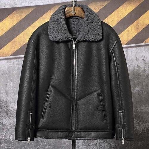 2020 Winter New Mens Shearling Jacket Black Leather Coat Short Fur Parkas Thicken Sheepskin Overcoat