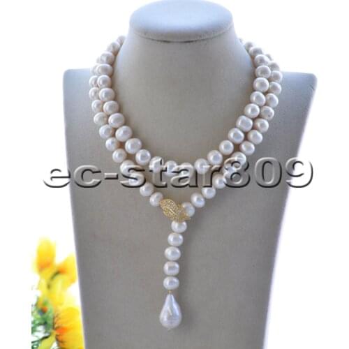 P7539 34" 11mm White Round FW Pearl Necklace Keshi Pendant Leaf CZ Choker Women jewelry