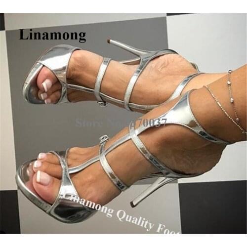 Linamong Elegant Open Toe Silver Stiletto Heel Gladiator Sandals Ankle Strap Cross High Heel Sandals Formal Dress Shoes