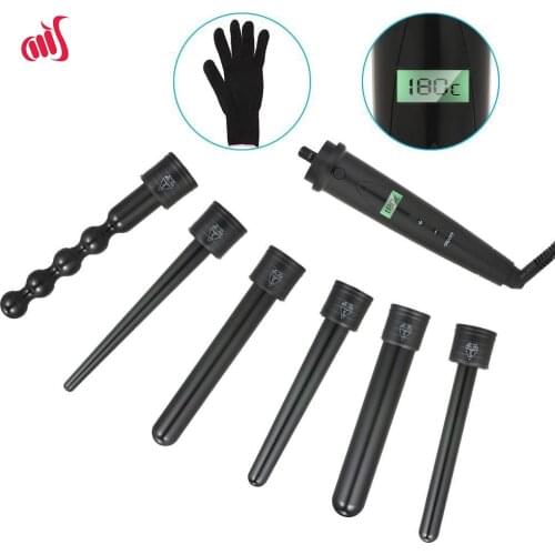 Black LCD 6 in 1 interchangeable curling wand set/Curling wand Barrel