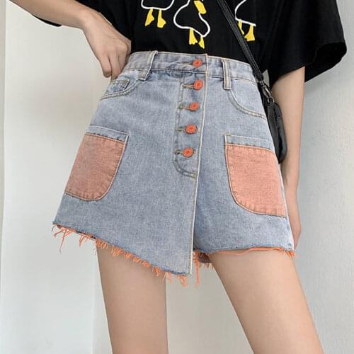 Plus Size 5XL Women Denim Shorts Skirts 2021 Summer Fashion Single Breasted Pocket High Waist Color Contrast Jeans Shorts Female