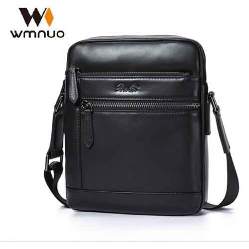Wmnuo 100% Cow Genuine Leather Men Bag Letter Zipper Business Trendy Soft Shoulder Bag Black Korean Crossbody Bag Big Capacity