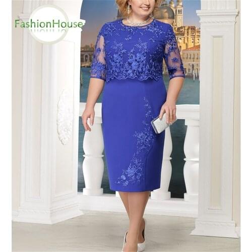 Dark Navy Blue Mother Robe de Cocktail Dresses Plus Size Lace O Neck Half Sleeve Tea Length Wedding Evening Dress Formal Party