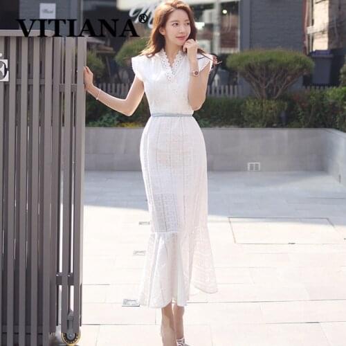 VITIANA Women Casual White Long Dress For Womens Summer 2020 Female Sleeveless V-Neck Trumpet Beach Dresses Femme Party Vestidos