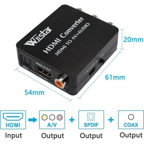 Wiistar HDMI to AV+ Audio HDMI input CVBS Spdif and Coaxial output Support NTSC/PAL for TV/PC/PS3/Blue-ray DVD 1080p HDMI2AV