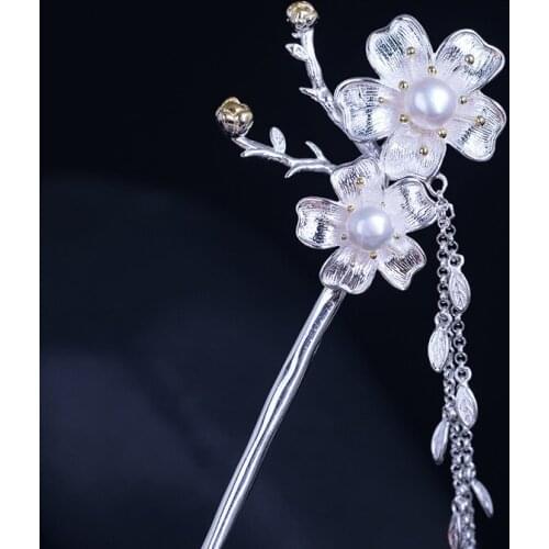 S925 Sterling Silver HPearl Sakura Hairpin Female Classic Hanfu Hairpin Hair Ornament Leaf Tassel Hair Clip Accessories Headwear