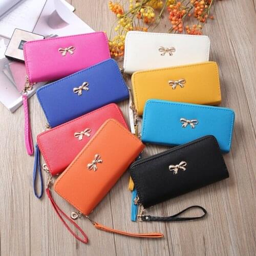 Womens New Cross Solid Color Wallet Bow Cute Coin Purse Long Zipper Multi-card Wallet Clutch Bag