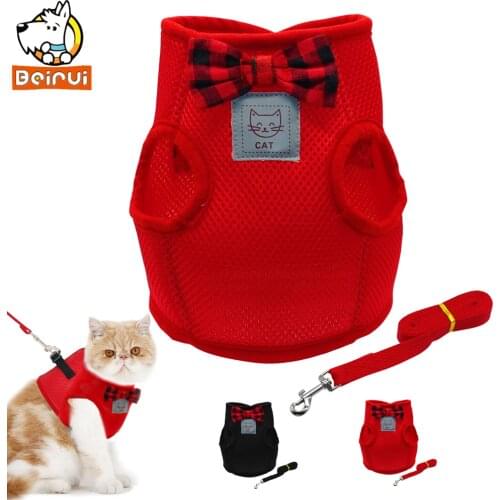 Breathable Cat Puppy Harness Vest and Leash Set Bownot Durable Small Cats Dogs Vest Jacket Leads For Kitten Pet Red Black