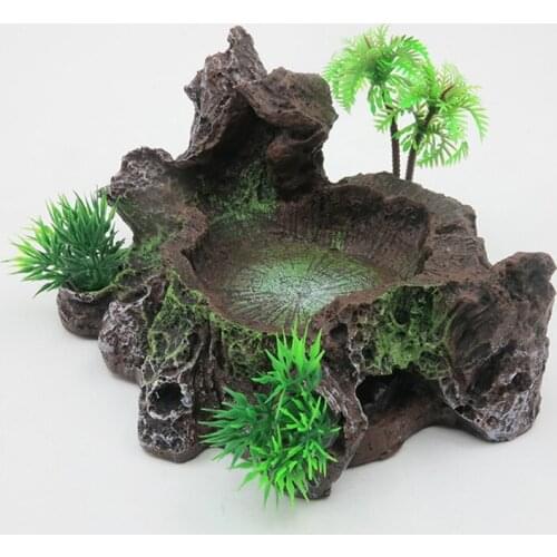 1PC Reptile Decor Resin Reptile Platform Artificial Tree Trunk Design Reptile Water Dish Bowl for Lizard, Gecko, Water Frog