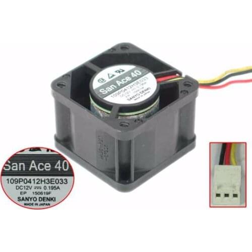 Sanyo Denki 109P0412H3E033 DC 12V 0.195A 40x40x28mm 3-wire Server Cooling Fan