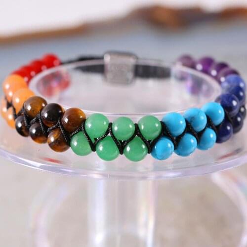 7 Chakra Healing Bracelet Mixed Colors Natural Stone Round Bead Bangle Size Adjustable for Women Men Charm Jewellery H076