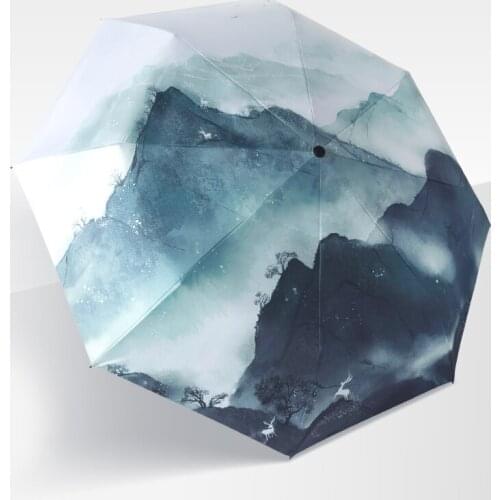 Automatic Sun Umbrella Rain Women Anti UV Parasol Portable Folding landscape Painting Umbrellas Black Coating Folding Umbrella