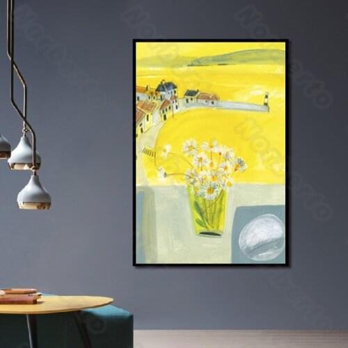 Canvas Painting Wall Poster Hand-Painted Picture Chinese Village Life Houses and Flowers Yellow Background for Home Rooms Decora