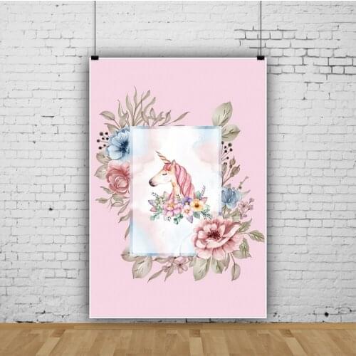 Laeacco Flower Unicorn Baby Shower Birthday Party Photo Background Child Portrait Personalized Poster Pink Photographic Backdrop
