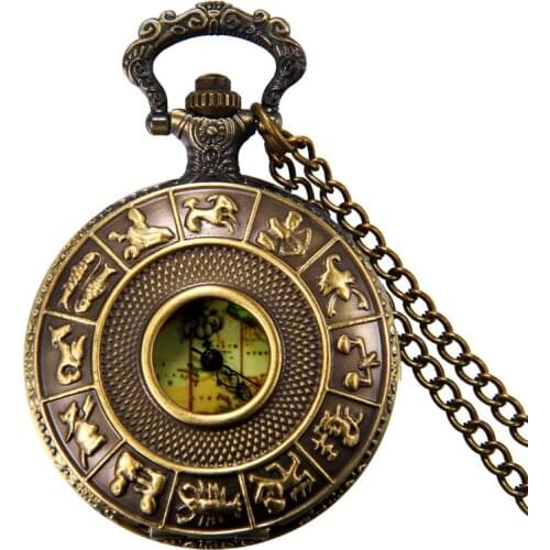 Lancardo Zodiac Bronze Vintage Pocket Watches Necklace Chain Pendent Fishing Antique Quartz Pocket For Watches Mens Relogio De