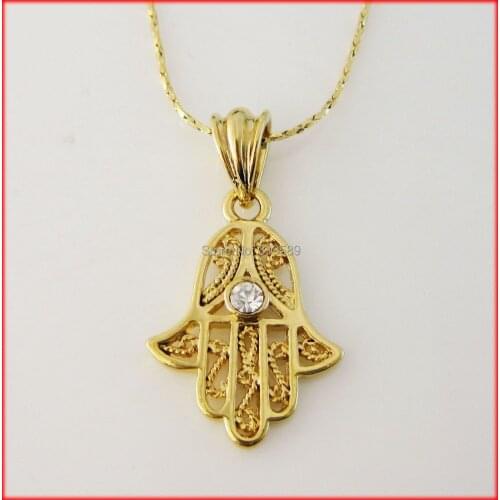 Min order 10$/- YELLOW GOLD OVERLAY FILLED WITH BRASS 18" NECKLACE & HAND EVIL EYE PENDANT/Great Money Maker