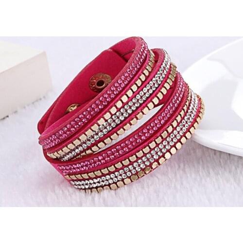 Fashion Jewelry New Crystals Women Bracelets Wholesale Rhinestone Handmade Red Multilayer Wrap Leather Bracelets Femme