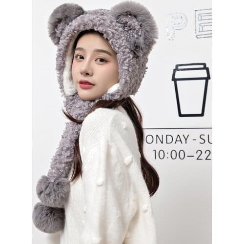 Fashion Winter Women Novelty Beanies Caps Warm Cute Bear Ear Hat Plush Hat Scarf Set Casual Solid Women Pompom Caps Present