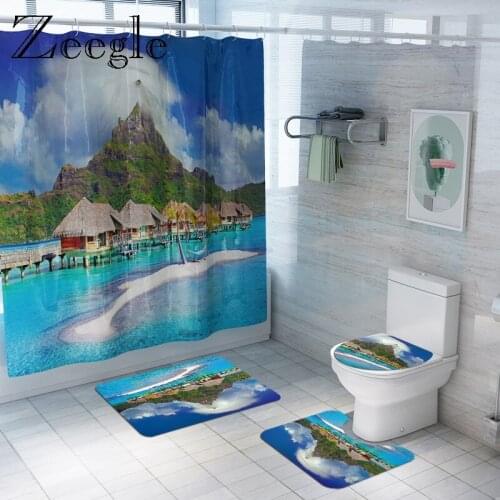Zeegle 3D Pattern Natural Toilet Rug Set Anti-slip Shower Mat Waterproof Shower Curtain Microfiber Bathroom Foot Mat Floor Rug