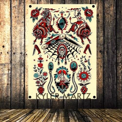 Old school Tattoo RetroPoster Hanging Flag Senior Art Waterproof Cloth 4 Holes Banner Tapestry Wall Sticker Bar Cafe Home Decor