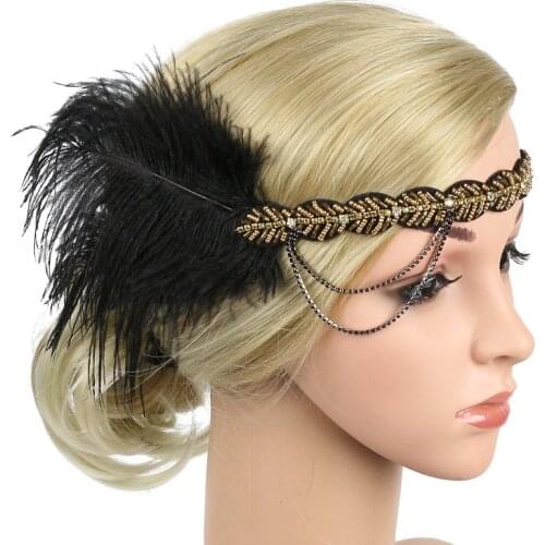 1920s Headpiece Feather Flapper Headband Great Gatsby Headdress Vintage Bridal Evening Party Costume Dress Hair Accessories