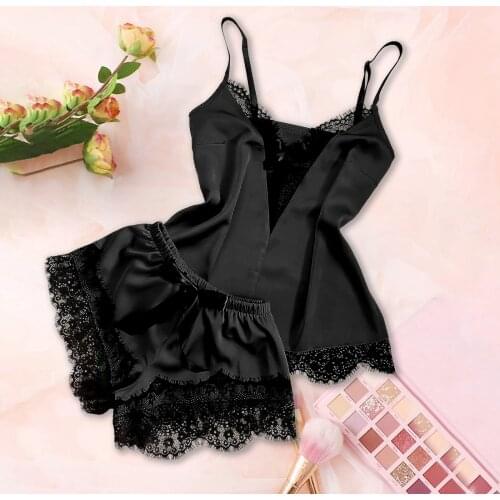 Sexy Pajamas Set Tops Deep V Neck Sleeveless Lace Bowknot Shorts Underwear for Women Casual Nightwear Bielizna Damska Size S-2XL