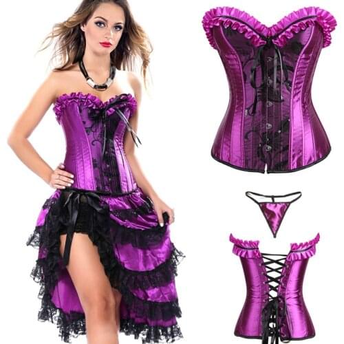 Sexy Gothic Dress Purple Satin Overbust Corsets And Bustiers Goth Burlesque Corselet Skirt Set Carnival Dance Costumes Plus Size