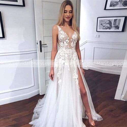 Sexy High Slit Boho Wedding Dresses Nude Tulle With White Appliques Lightweight Beach Bridal Dress robe de soirée de mariage