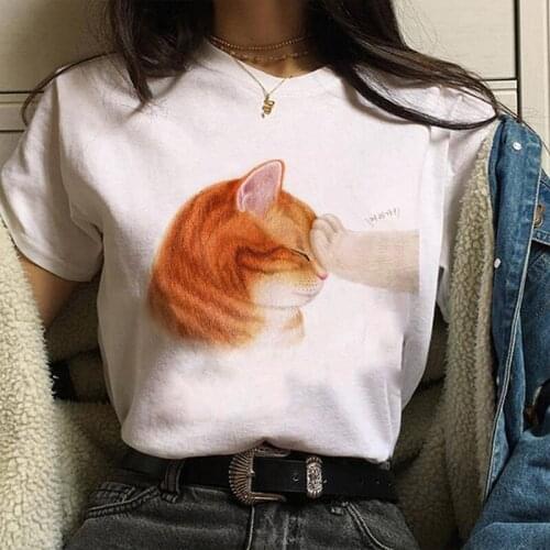 Korean Fashion Woman Tshirt Cat Print Tee Shirt Harajuku Casual Short Sleeve White T Shirt O-neck Kawaii Graphic T-shirt Female
