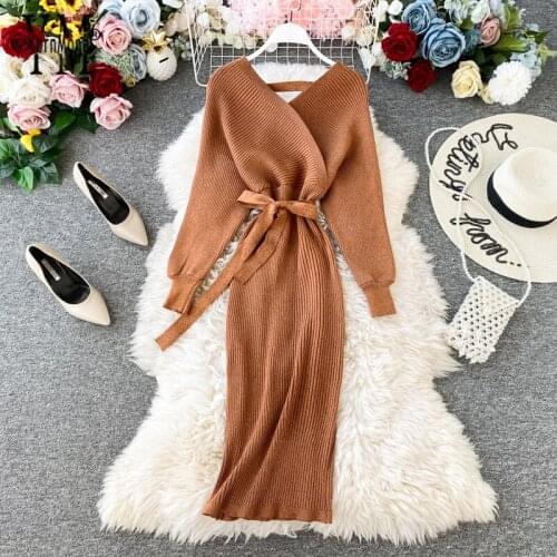 YornMona Elegant Long Batwing Sleeve Sweater Dress Women Party Bodycon V-neck Fashion Long Shining Knitting Winter Dress Tunic