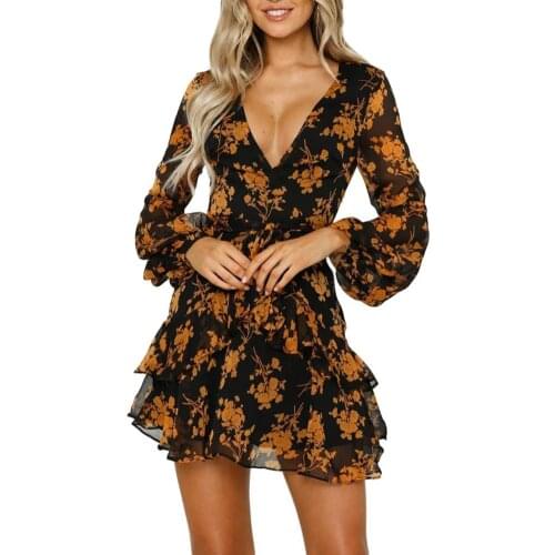 Summer Sexy Dress Vintage Flower Print Dress V-Neck Loose Dresses Bohemian Long Sleeve Chiffon Short Above Knee Dresse Female
