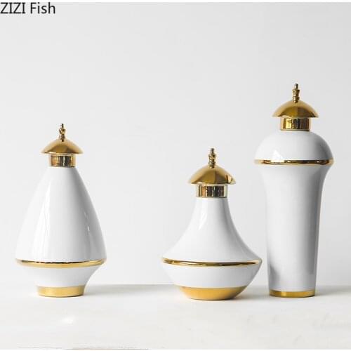 Golden Texture Cylinder Ceramics Vases Desktop Decoration Classic Crafts Porcelain Vintage Home Decor Storage Jar with Cover