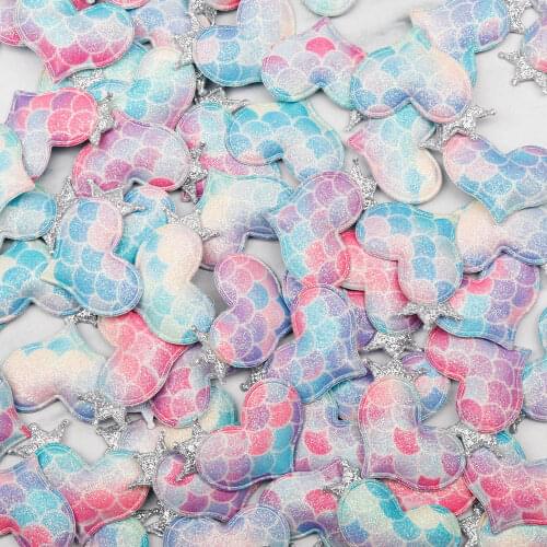 Mermaid Glitter Shiny Appliques 40*45mm Heart with Crown Paded Patches DIY Hairclips Baby Clothes Decor Accessories 10pcs