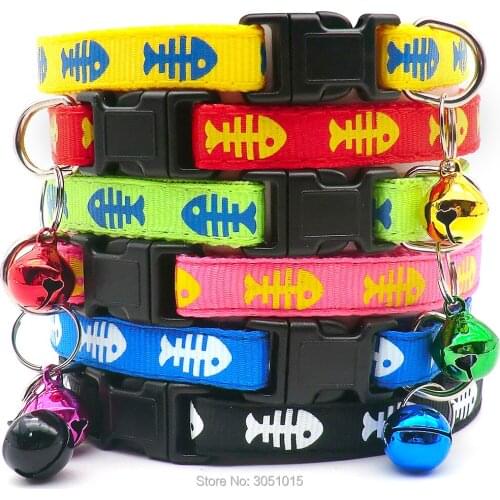 100pcs Fish Bone Print Cat Collar Safety Collar For Cats Necklace With Bell Break Away Cute Adjustable Personalized Neck Strap