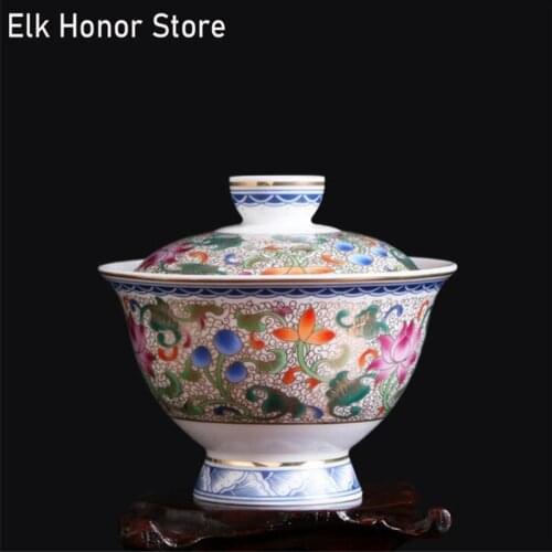 150ML Elegant Chinese Handmade Coloful Ceramic Gaiwan Teacup Hand Painted Flower Pattern Tea Tureen Teaware Accessorie Drinkware
