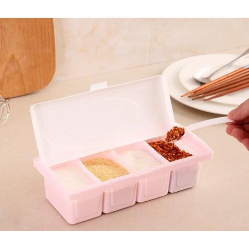 4 Grid Seasoning Box Condiment Spice Storage Case Holder Kitchen Tool with Spoon
